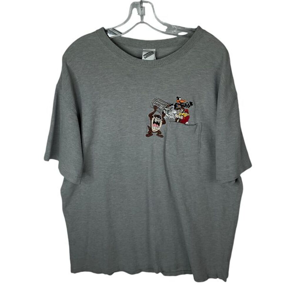 Warner Bros Studio Pocket Tee Shirt Mens Gray Cotton XL Vintage Looney Tunes Y2K